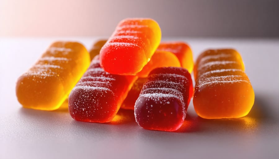 Colorful gummy candies on weathered concrete urban surface