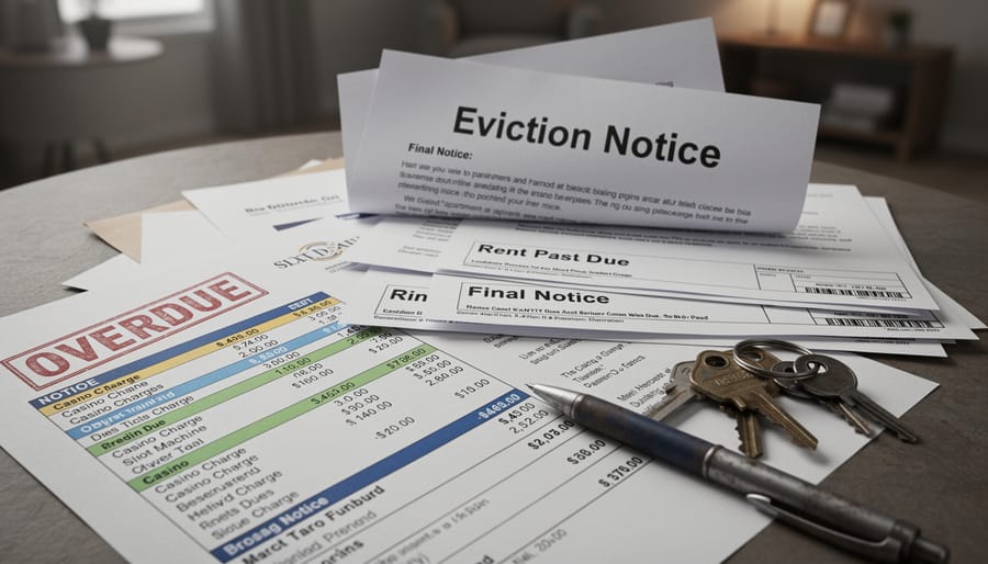Eviction notice and overdue bills on table with empty wallet and house keys