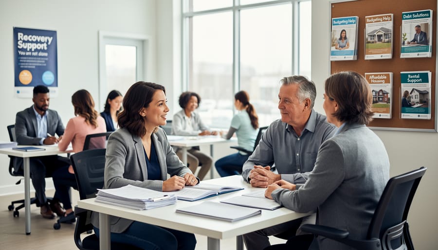 Support group meeting with diverse participants in community center setting