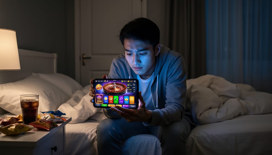 Person using smartphone to access online gambling app while sitting alone in apartment