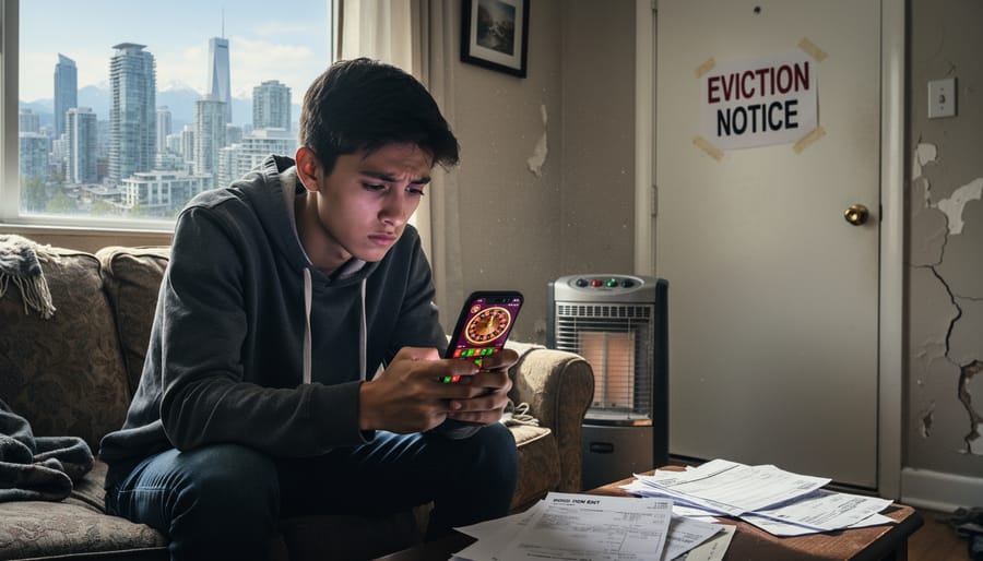 Young person sitting alone on apartment building steps looking distressed